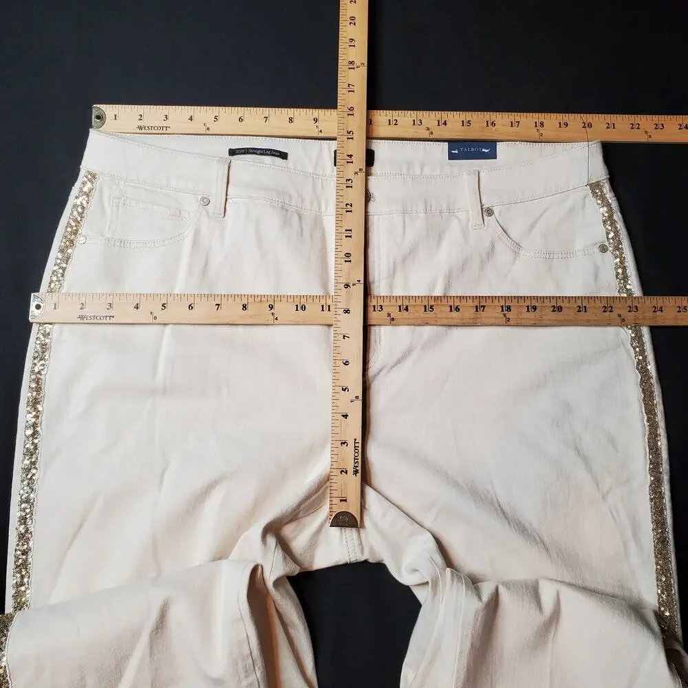 Talbots Womens Size 20W NWT Straight Leg Jean High Waist Sequin Ivory White
